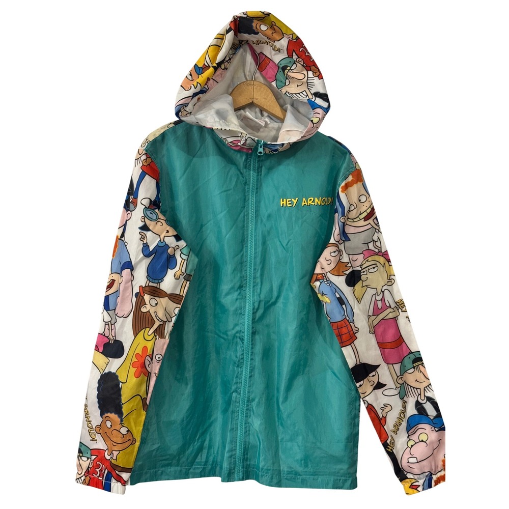 Nickelodeon Hey Arnold Windbreaker Jacket Teal Character Print Full Zip Small